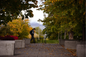 Student walking on the EOU Campus in Fall