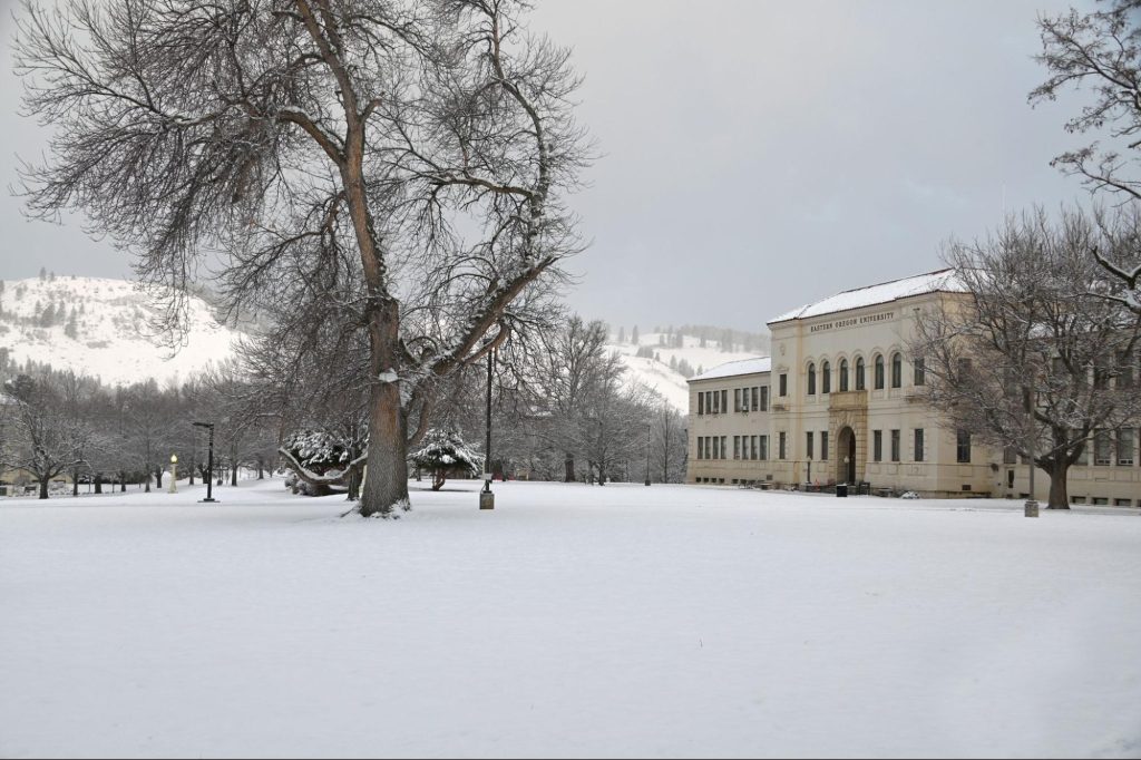 Inlow Hall on the EOU campus on a snowy day. 