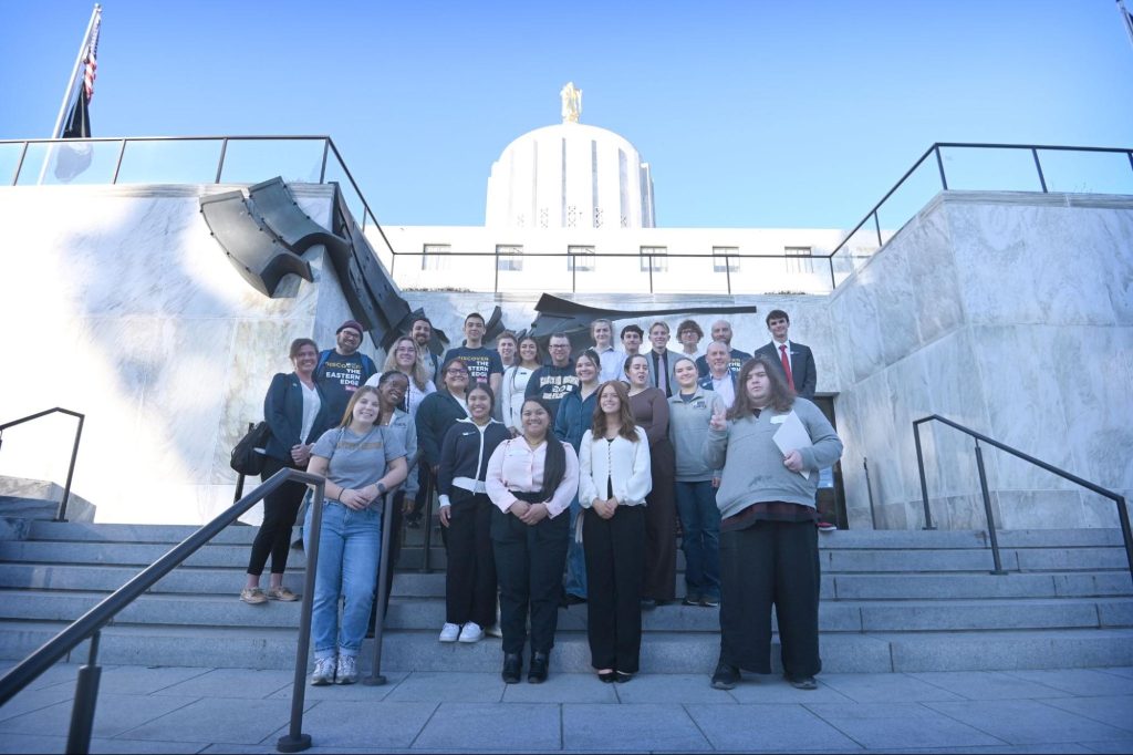 EOU Students and administrators on the steps of the Oregon State Capitol Building