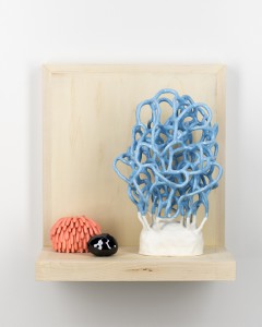 Linda Lopez "Doing Nothing" ceramic and wood, 2014