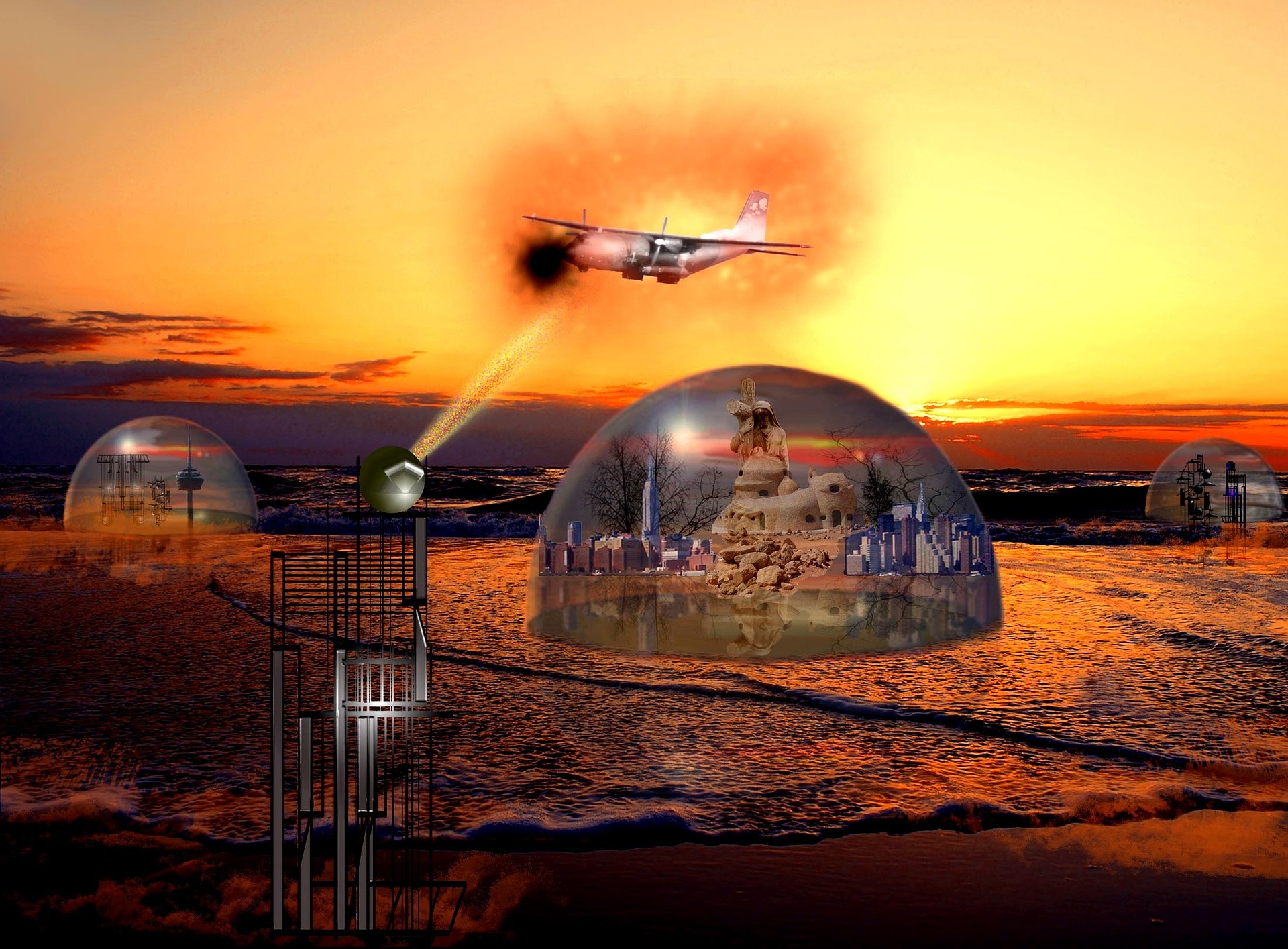 Multimedia art of an airplane flying over utopian closed ecological systems