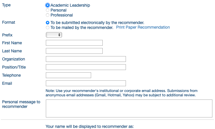 Screen shot of slate application showing information needed for letter of recommendation as stated in previous list.