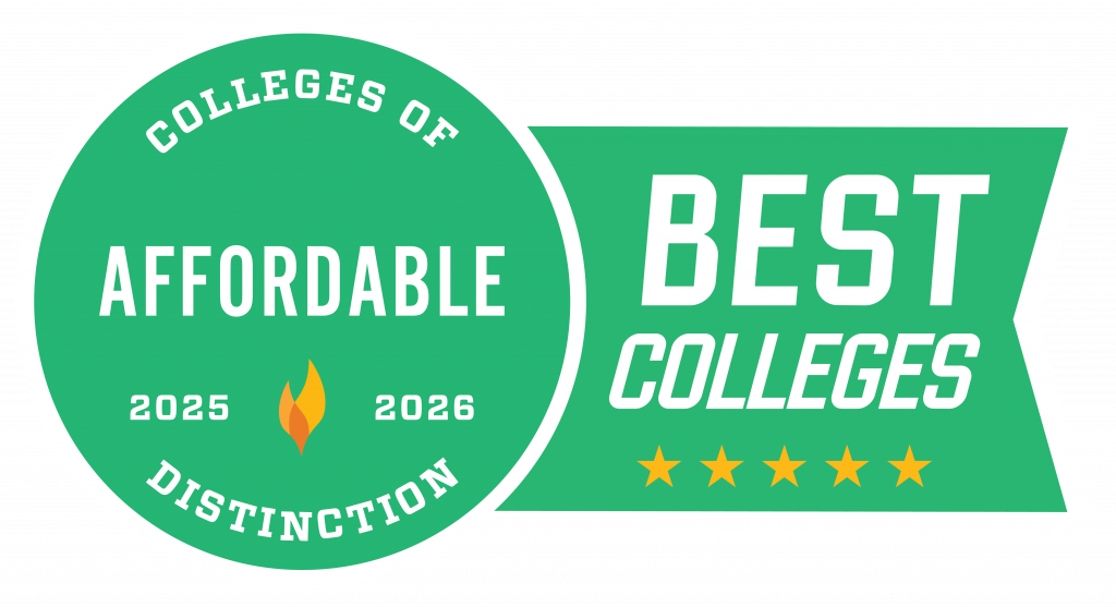 Badge graphic reading 'Colleges of Distinction – Affordable 2025–2026' on a circular green background with a flame icon, connected to a banner that reads 'Best Colleges' with five gold stars underneath.