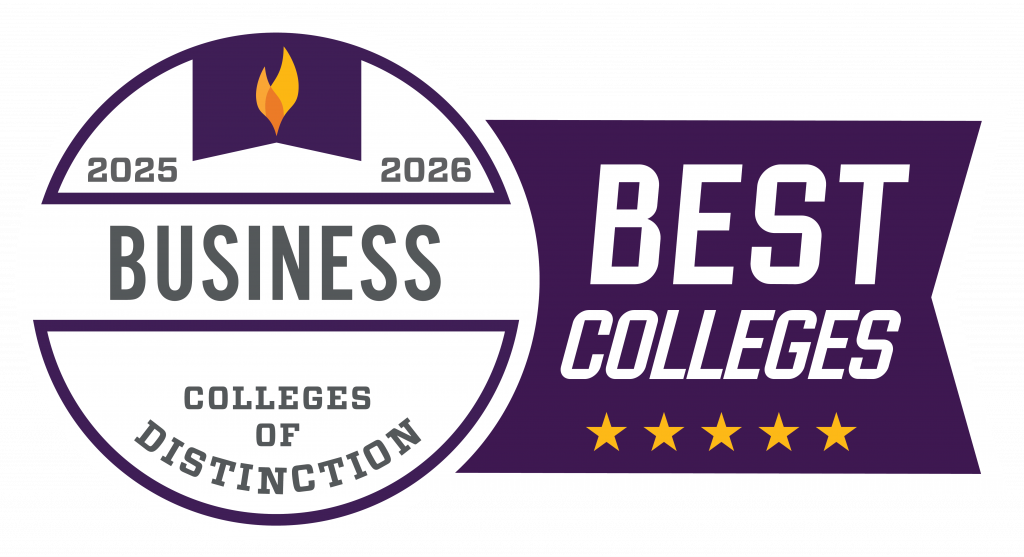 Badge graphic reading 'Colleges of Distinction – Business 2025–2026' on a circular white and purple background with a flame icon, connected to a banner that reads 'Best Colleges' with five gold stars underneath.