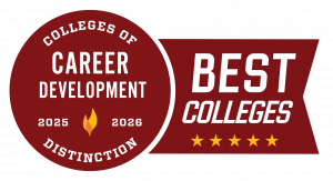 Badge graphic reading 'Colleges of Distinction – Career Development 2025–2026' on a circular red background with a flame icon, connected to a banner that reads 'Best Colleges' with five gold stars underneath.