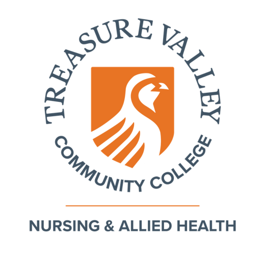 Treasure Valley Community College Nursing & Allied Health program logo featuring a stylized falcon head in white within an orange shield, surrounded by the text “Treasure Valley Community College,” with “Nursing & Allied Health” written below.