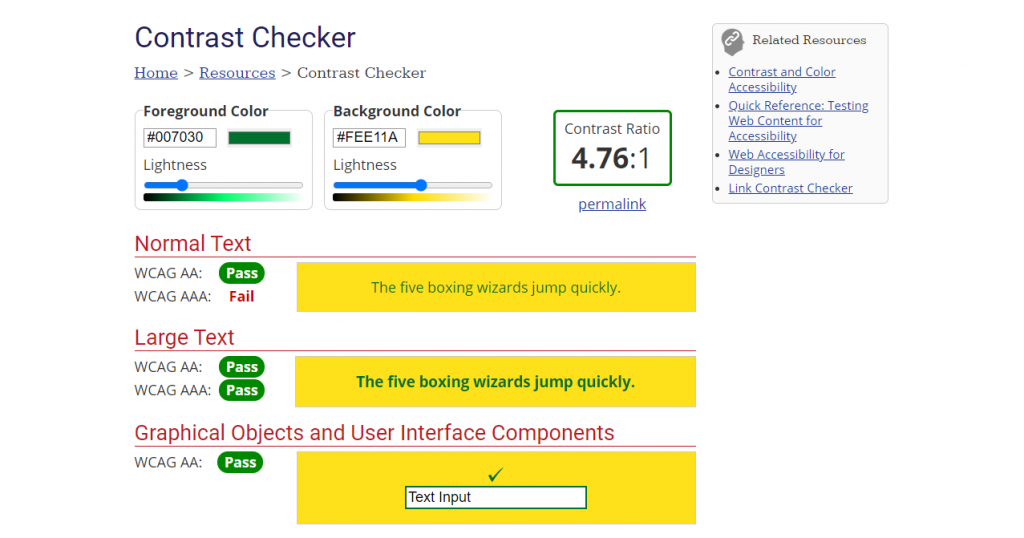 WebAIM Contrast Checker showing a contrast above 4.5:1