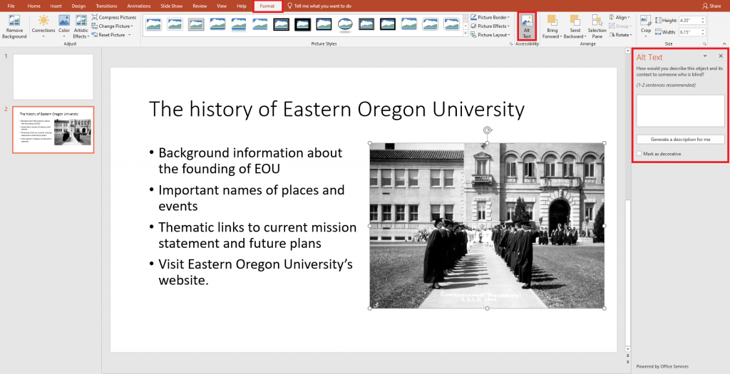 Adding alt text to an image in a PowerPoint using the alt text button under the format section of the toolbar.