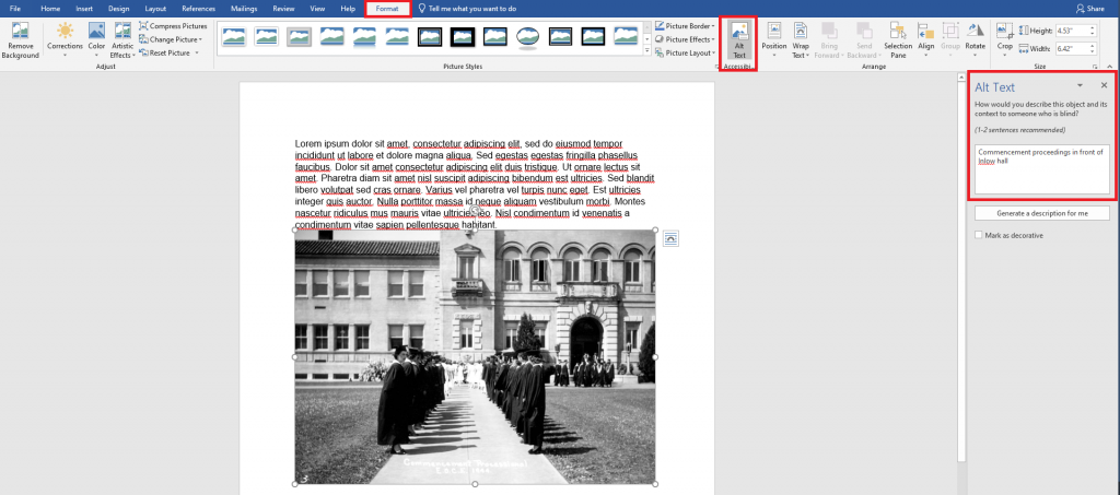 Alt text being added to an image in a Word document by selecting format in the toolbar then clicking the alt text button.