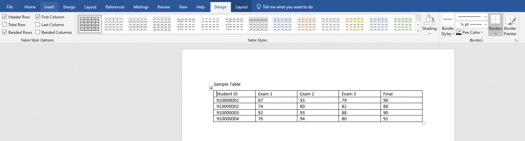 A sample table in a Word document