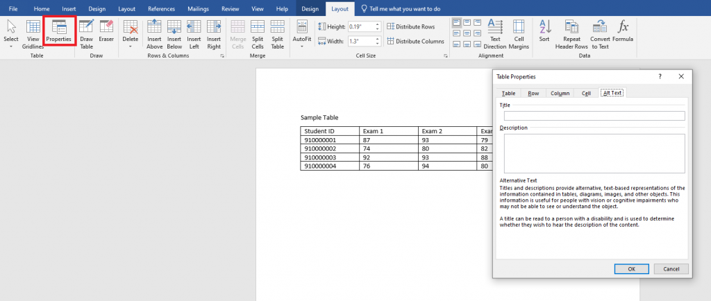 Changing the properties of a table in Word using the properties button in the toolbar.