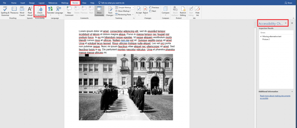Reviewing the accessibility features of a word document using the Check accessibility button under the review section of the toolbar.