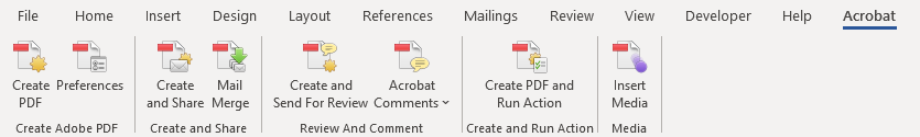 Selecting the Acrobat option of the Word toolbar to create a PDF with Adobe Acrobat.