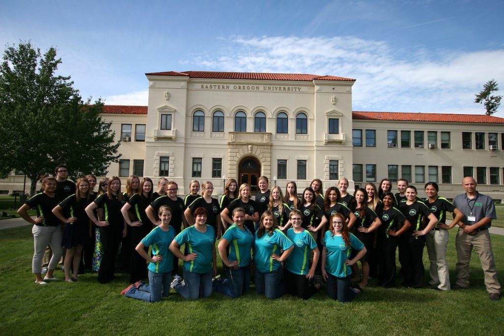 MedQuest students posing in front of Inlow Hall on the EOU Campus