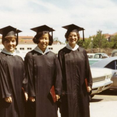 Linda George Jones poses with classmates at commencement in 1971