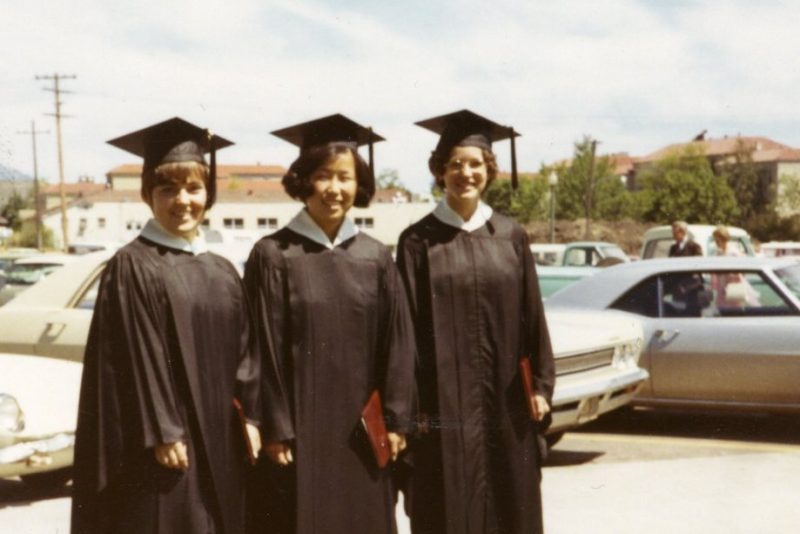 Linda George Jones poses with classmates at commencement in 1971