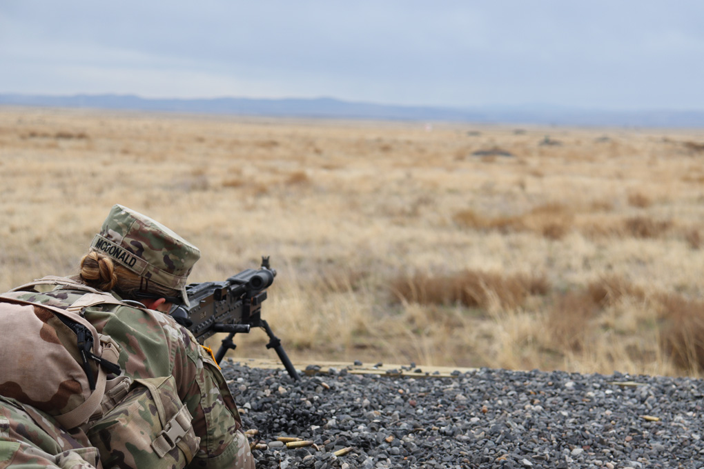 CDT Mcdonald firing an M240 Machine Gun during the Fall Field Training Exercise.