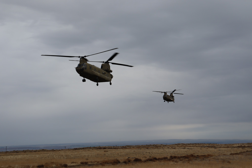 Two CH-47 Chinook helicopters landing during the Training Exercise