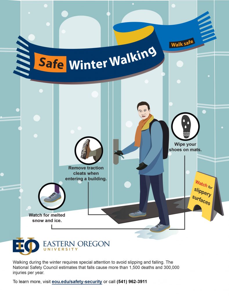When entering buildings during winter weather, watch for melted snow and ice, remove traction cleats when entering a building, and wipe your shoes on mats. Watch for slippery surfaces!