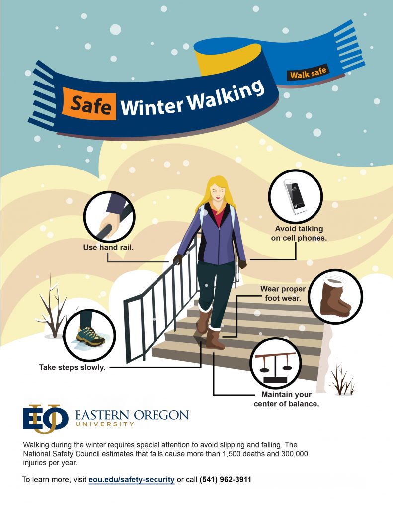 When descending steps in winter weather, use the hand rail, avoid using your cell phone, take steps slowly, wear proper footwear, and maintain your center of balance.