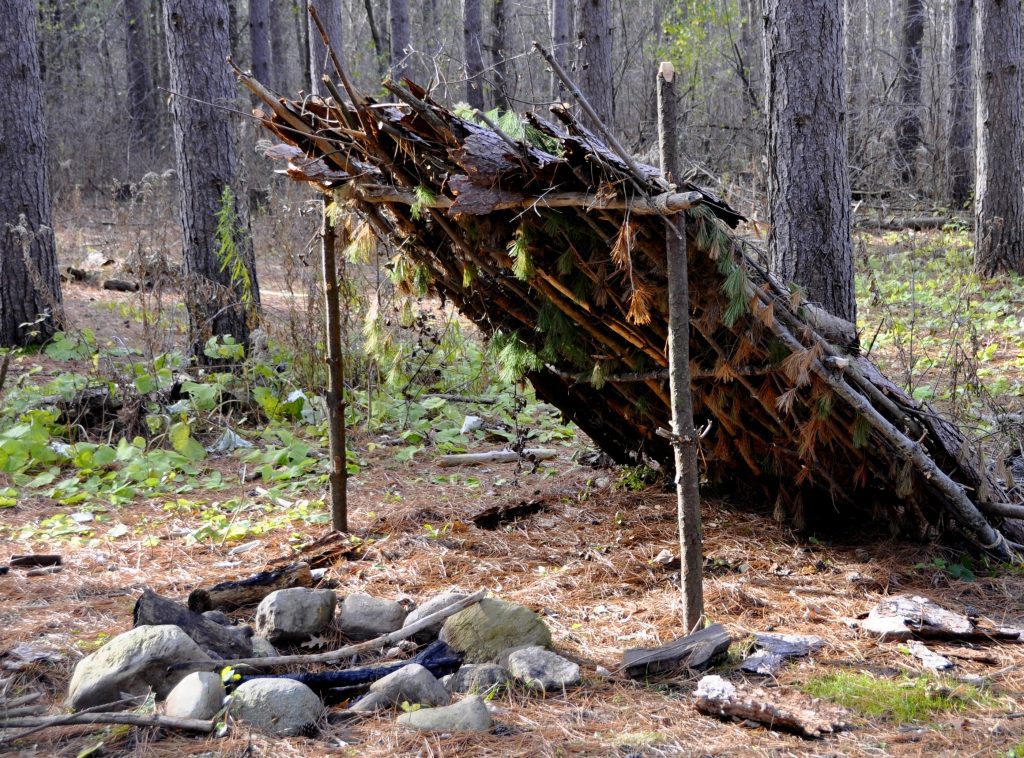 A lean-to shelter made of woody material representative of the types of skills student learn in the OUT 221 Wilderness Survival course. 