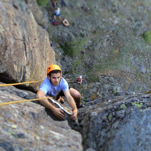 EOU student in the OUT 180 Rock Climbing Fundamentals course climbing at a local crag. 