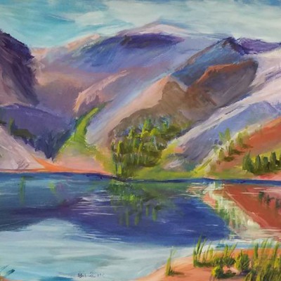 Best of Show 9th Grade: Gabriel Hawkins-Connolly (Joseph Charter School) for his painting “Take A Hike-Memories of Ice Lake in the Wallowas”