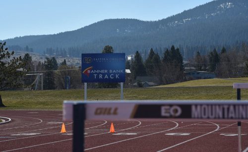 EOU Foundation Donor Banner Bank's track naming billboard on the EOU Campus