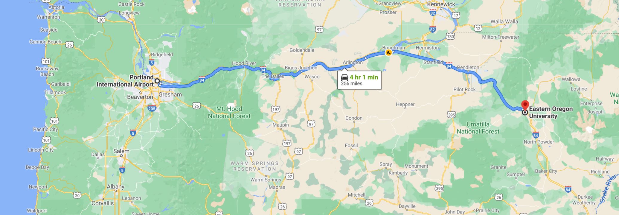 Road to EOU from Portland International Airport