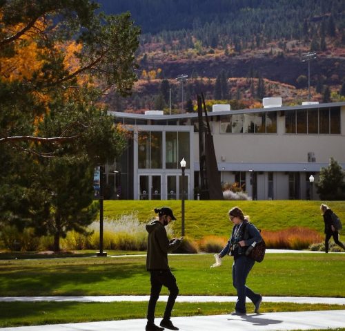 Students walking on the EOU campus in fall