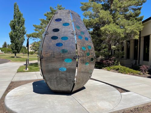 metal sculpture outside Loso Hall