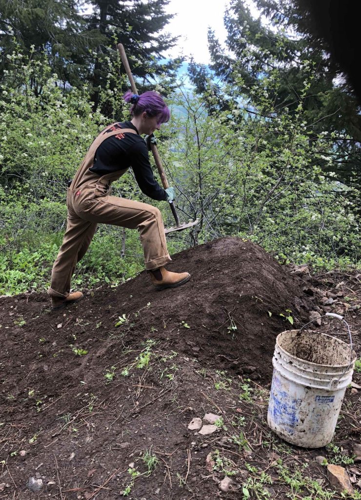 A student taking the OUT 180 Trail Building and Design course works on a mountain bike jump up at the Mount Emily Recreation Area. 