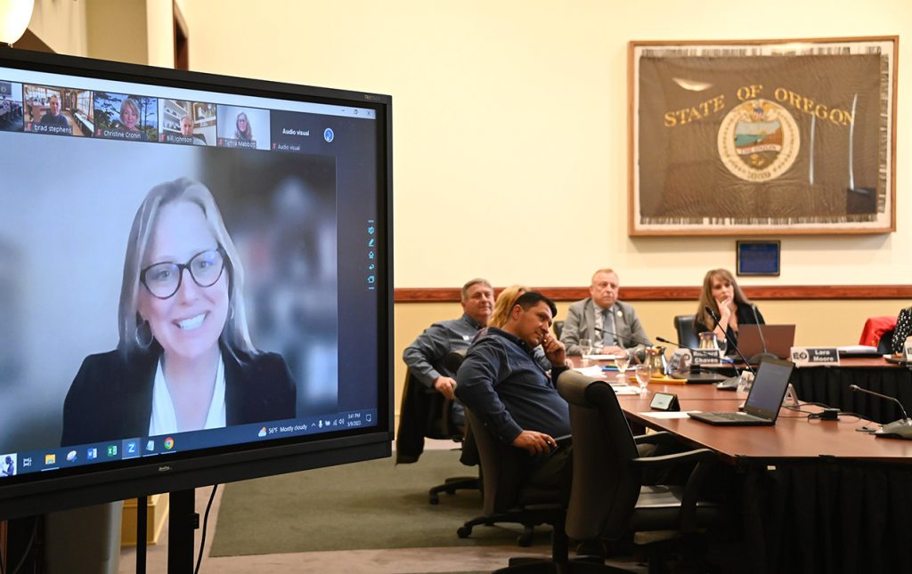 Kelly A. Ryan speaks to the EOU Board of Trustees during the Special Board Meeting on May 9, 2023