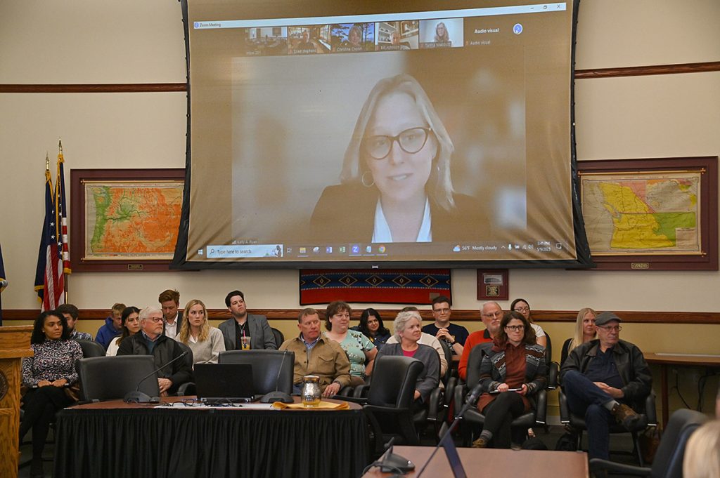Kelly A. Ryan speaks to the EOU Board of Trustees during the Meeting of the Board of Trustees on May 9, 2023