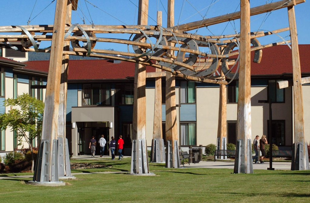 North Hall Building and outdoor sculpture. 