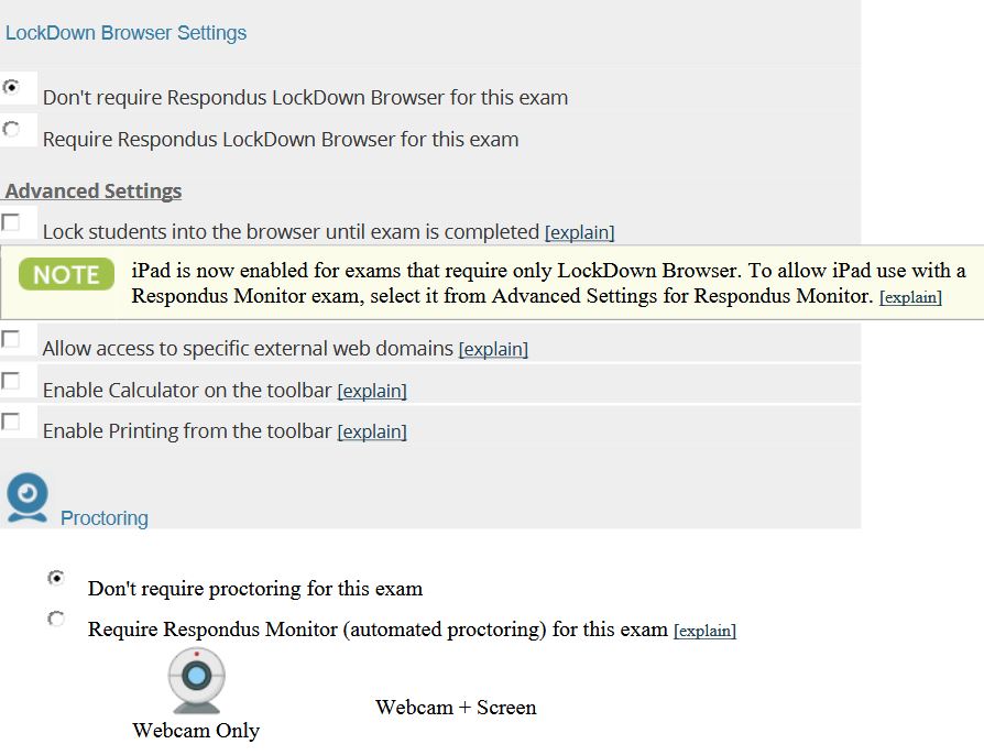 The LockDown Browser settings menu offers an arrary of selectable restrictions, including lock-in and web, calculator and printing access, as well as proctoring and webcam settings.