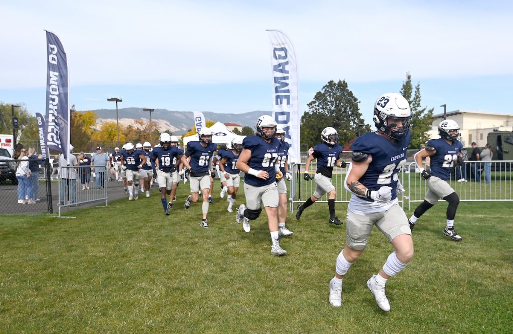 EOU's football team "The Mountaineers" jogging