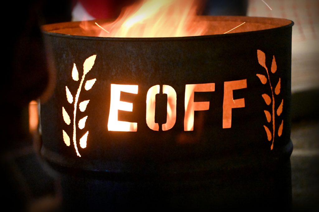 Fire in a barrel outside of hq, a venue for the the Eastern Oregon Film Festival. 