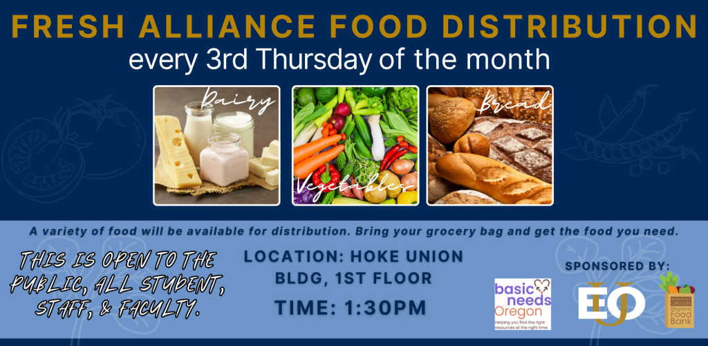 Fresh Alliance Food distribution, every 3rd thursday of the month on the first floor of hoke. Open to all, including the public