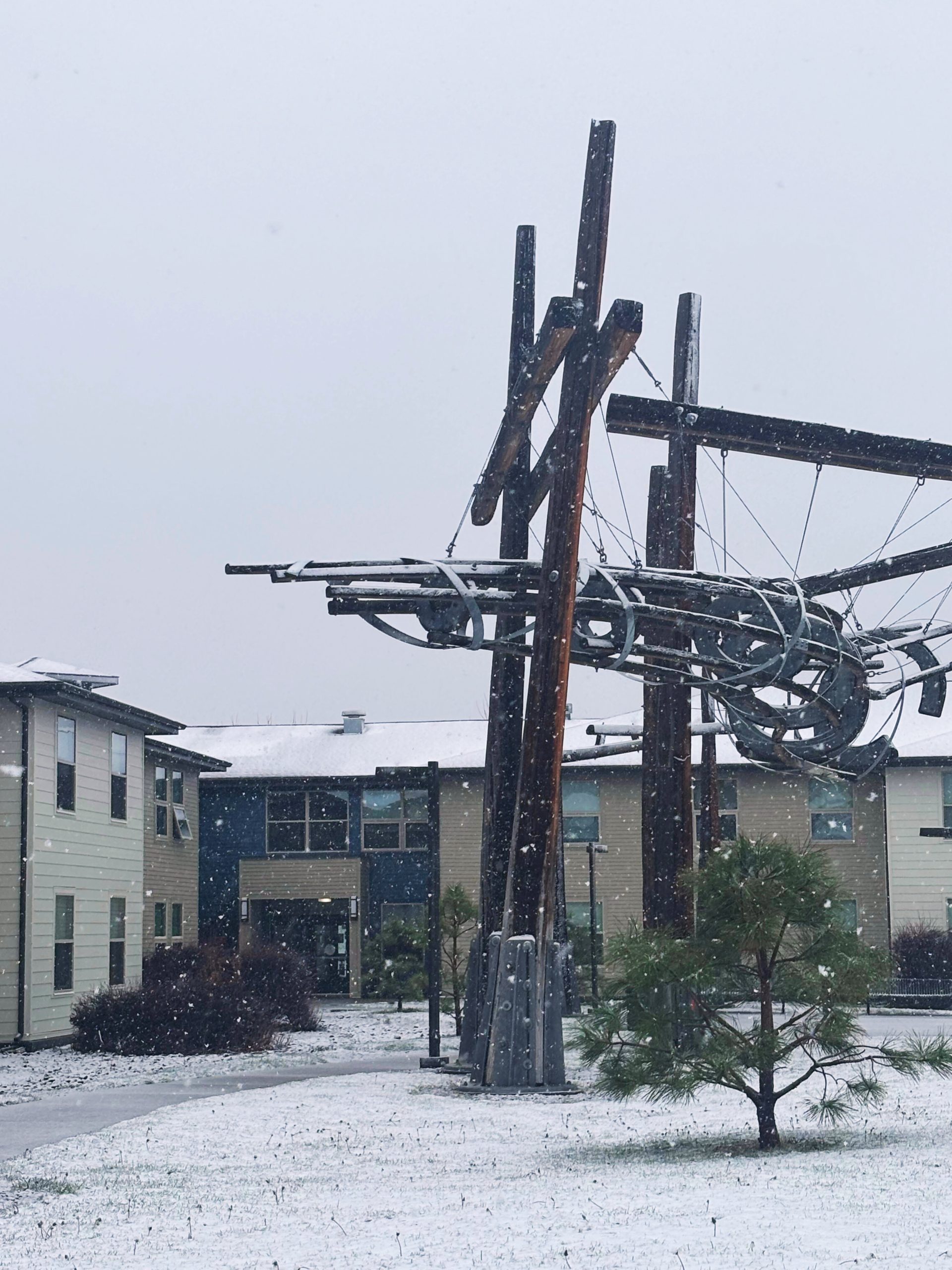 North Hall Building and outdoor sculpture.