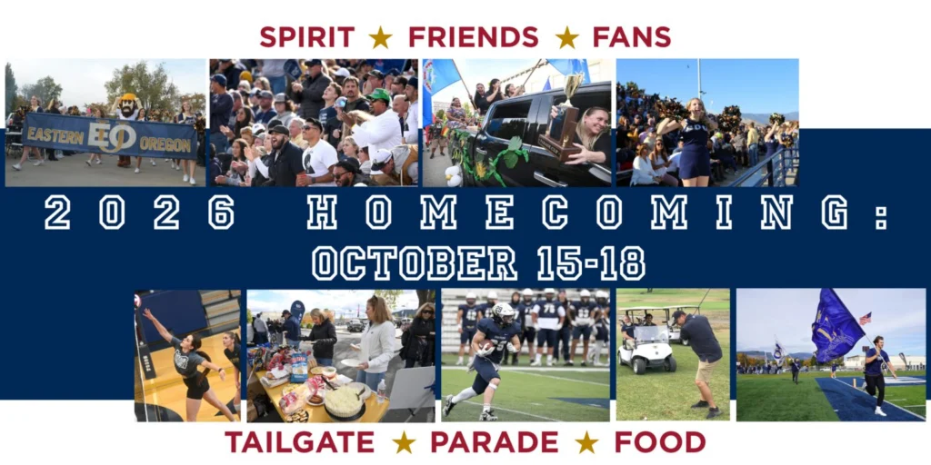 Eastern Oregon University 2026 Homecoming promotional banner for October 15-18, featuring photos of parade floats, athletics, tailgating, and fans. Text reads "SPIRIT ★ FRIENDS ★ FANS," "2026 HOMECOMING: OCTOBER 15-18," and "TAILGATE ★ PARADE ★ FOOD."