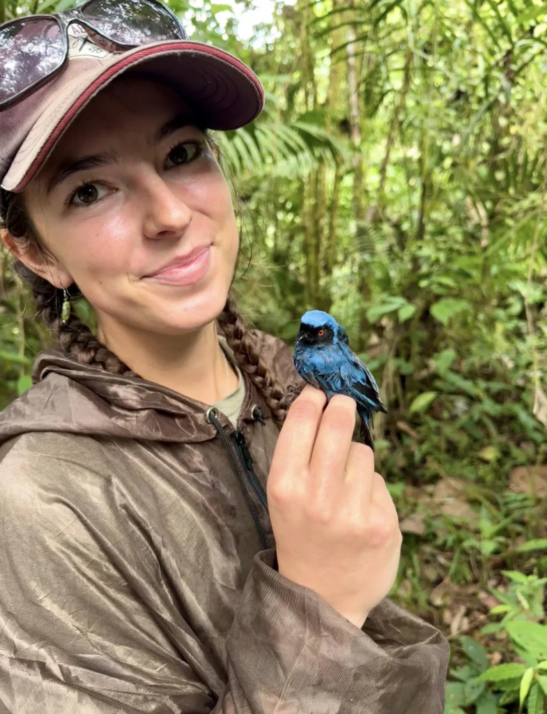 Hailey Rogan holds a blue and black bird while standing in dense forest in Ecuador