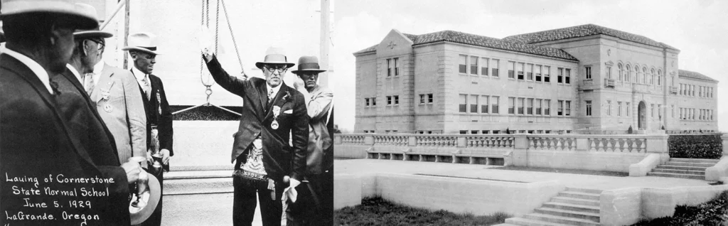 Workers in 1929 lay the corner stone for Inlow Hall