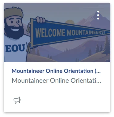 Cartoon illustration of the EOU Mountaineer mascot wearing a coonskin cap and white EOU t-shirt, smiling and holding up a blue and gold pennant flag that reads “WELCOME MOUNTAINEERS!” against a scenic mountain landscape backdrop at sunrise. (decorative header)