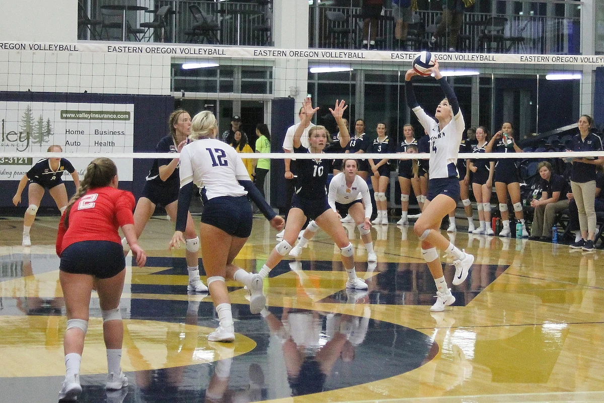 An Eastern Oregon University women's volleyball game in action, featuring a setter in a white jersey setting the ball mid-air near the net while players from both teams prepare for the play.