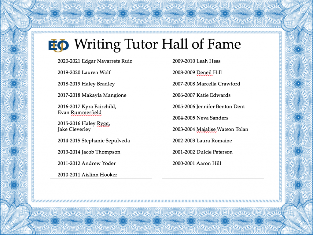 Writing Tutor Hall of Fame